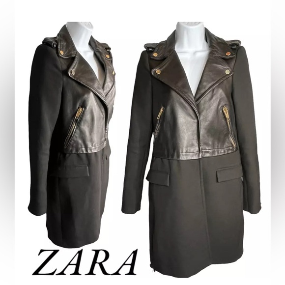 Zara genuine leather yoke coat mixed material moto jacket small gold hardware - Picture 6 of 7